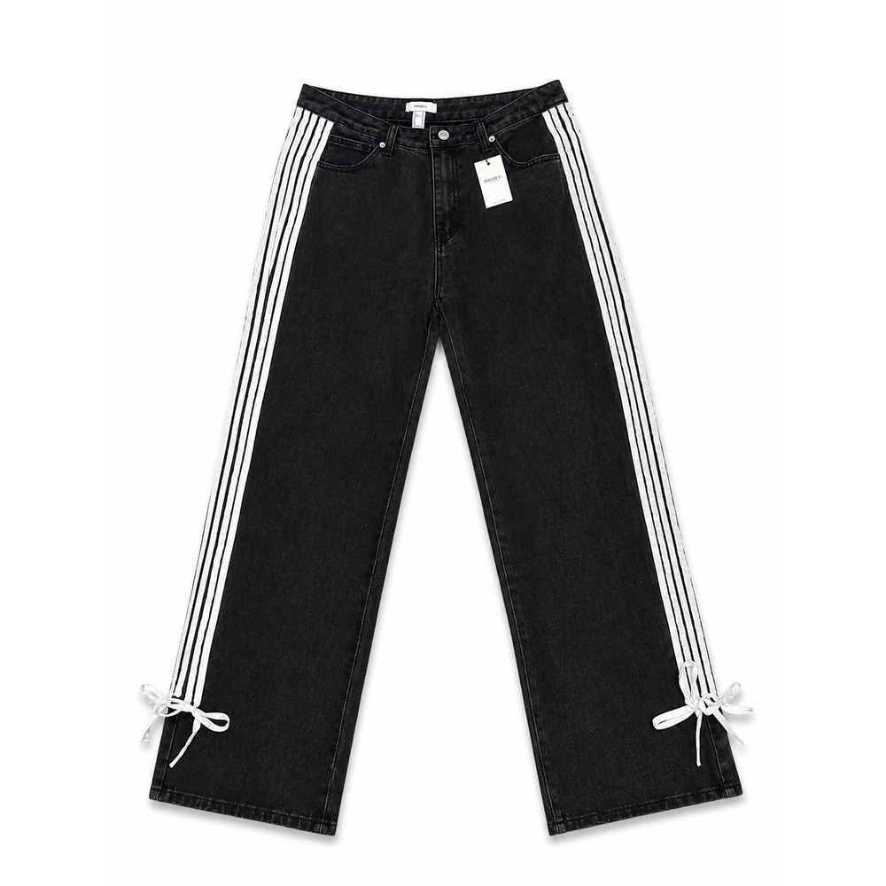 Forever 21 Womens‎ Wide Leg Side Stripe Bow Jeans Black White Size 30 NWT